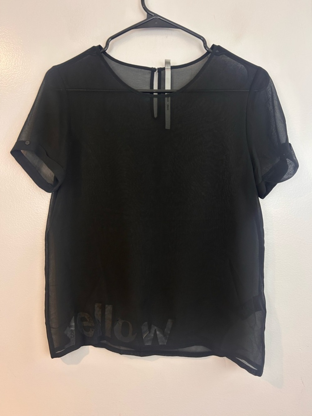 Cop Copine Sintra Black Sheer Short Sleeve Pullover Top Yellow Logo Size Small